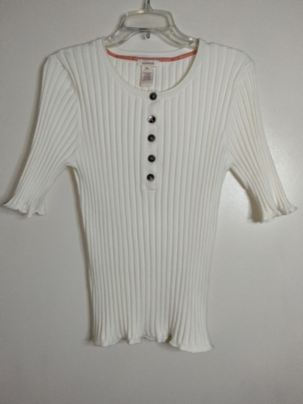 Sundance -XL- Living Legends Ribbed Knit Henley SS Stretch Essential Top - Cream